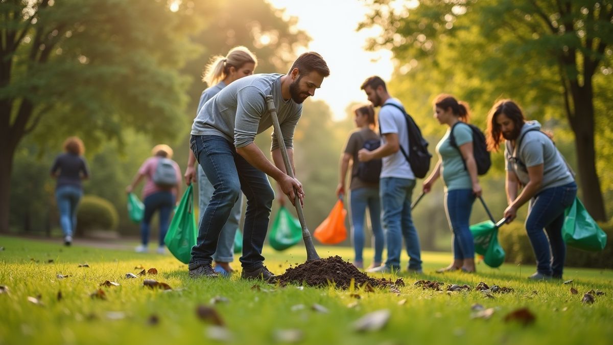 Groep mensen schoonmaakt een lokaal park