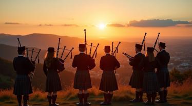 Groep mensen speelt doedelzak bij zonsondergang op heuveltop