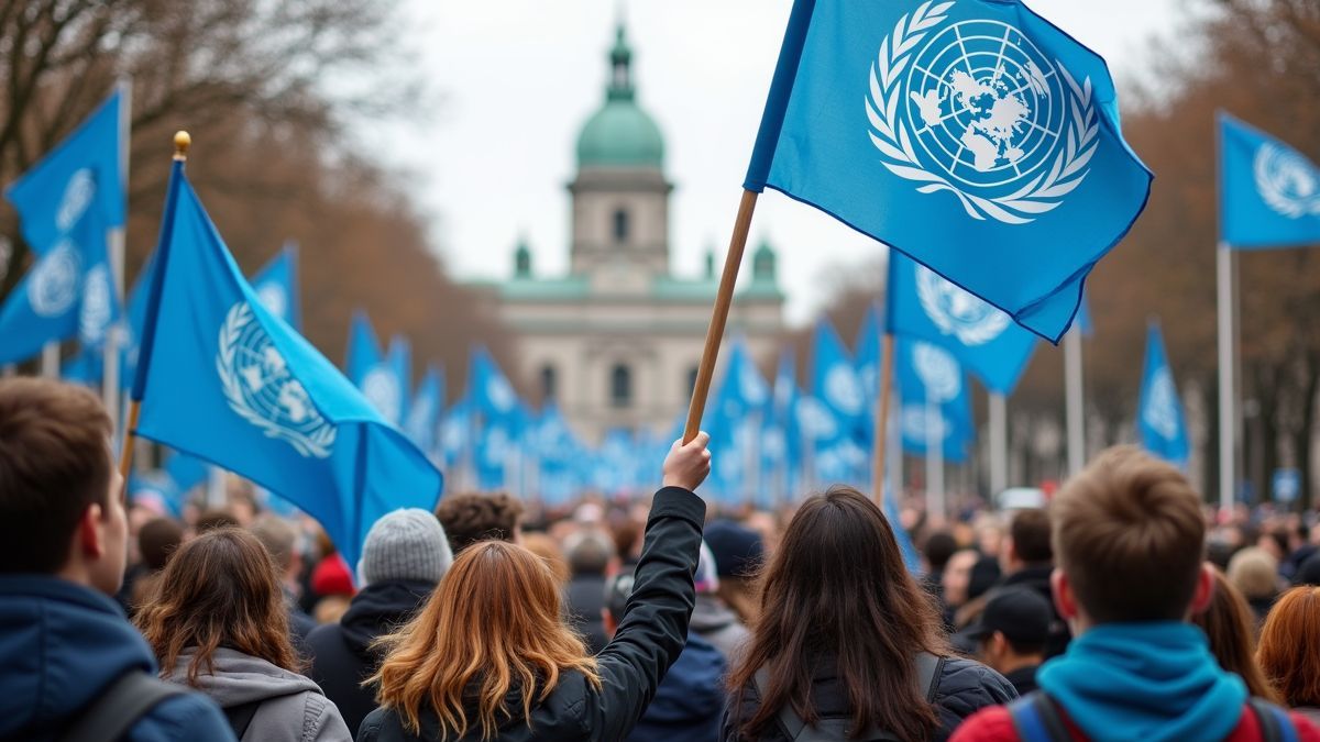 Groep mensen viert Verenigde Naties Dag in een stadsplein