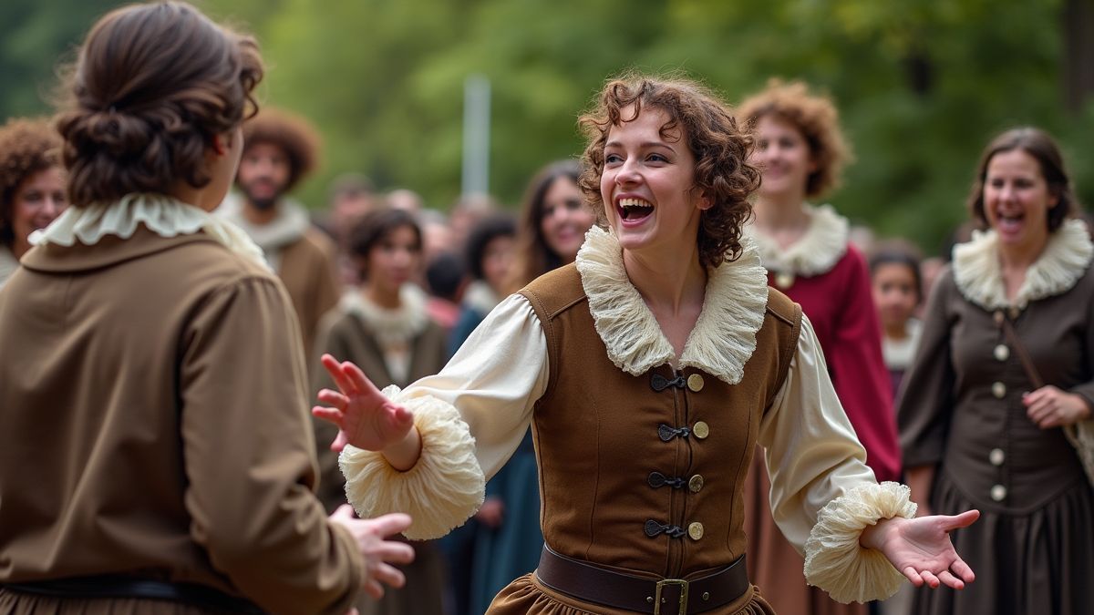Groep mensen voert een Shakespeare-toneelstuk op.