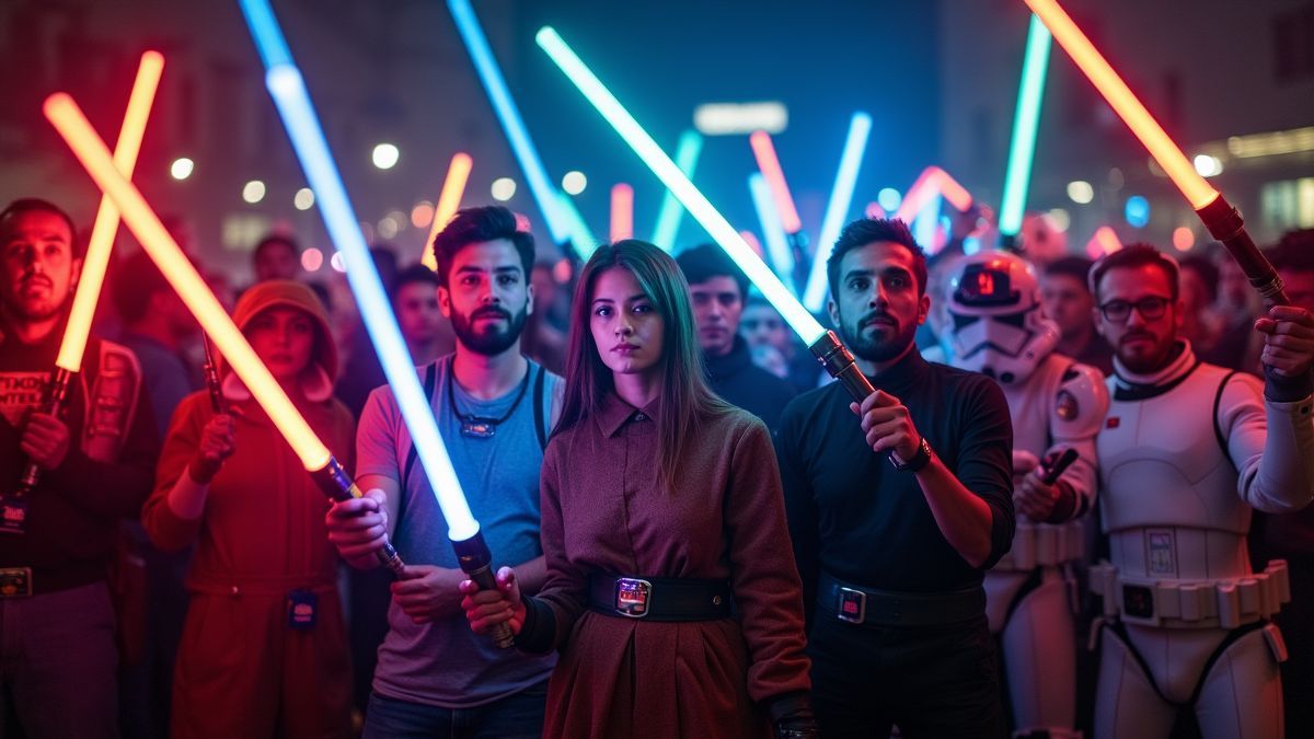 Groep Star Wars fans die samen vieren met lichtzwaarden.
