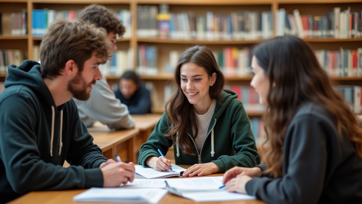 Groep studenten bespreekt hun studie in de bibliotheek