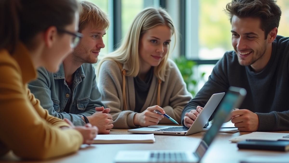Groep studenten bespreekt onderzoeksideeën.