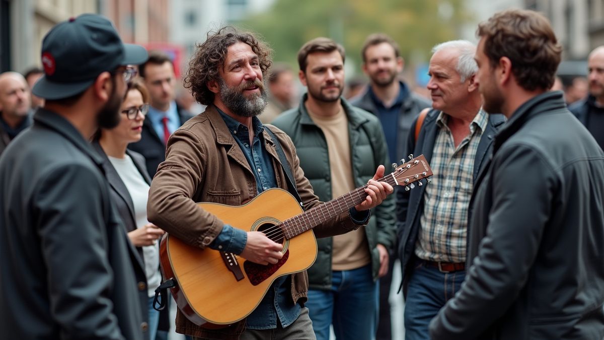 Groep van mensen rond een straatmuzikant
