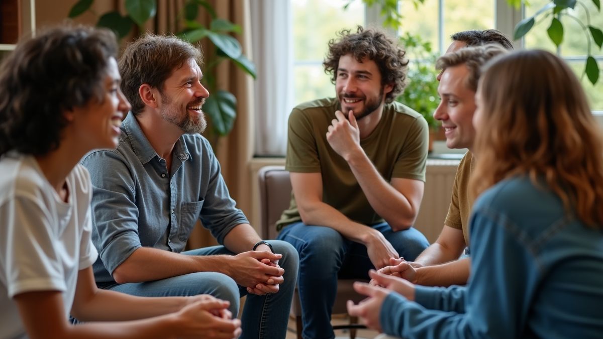 Groep volwassenen die ervaringen delen en praten over autisme