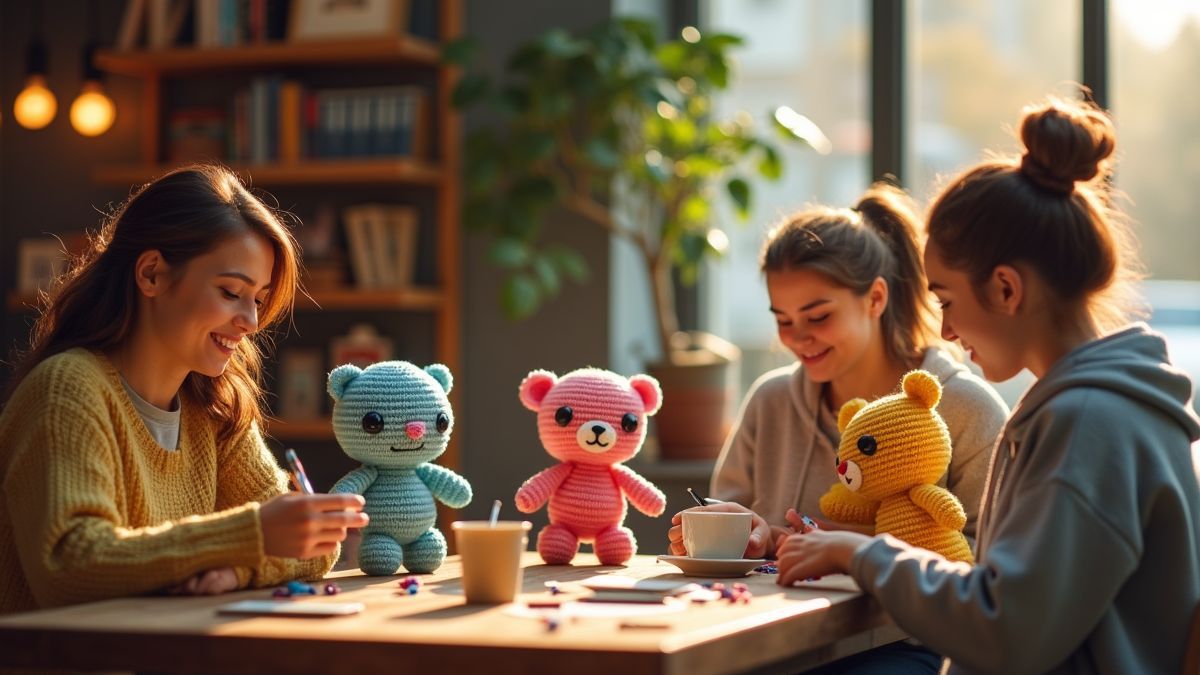 Groep vrienden die amigurumi figuren maken in een gezellige setting.