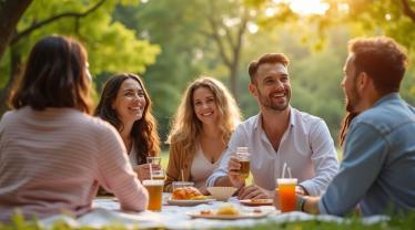 Groep vrienden genietend van een picknick in een zonnig park.