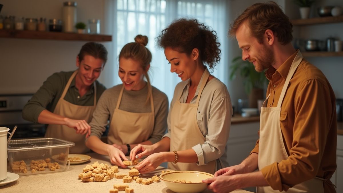 Groep vrienden maakt fudge samen in de keuken