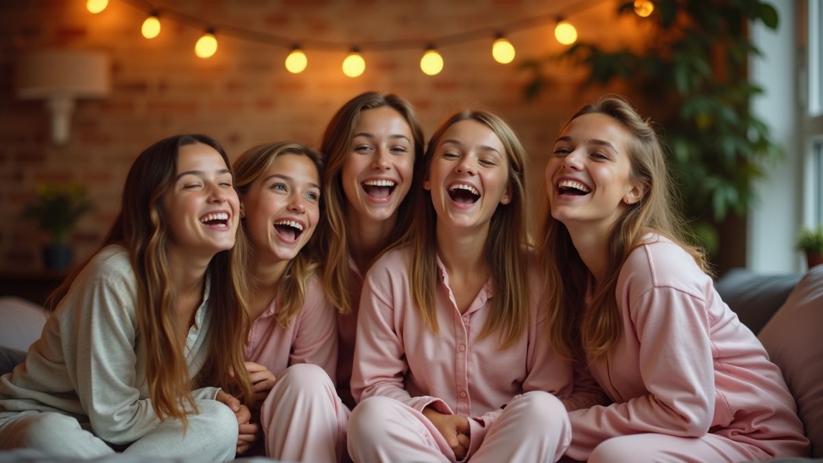 Groep vrienden op een pyjamafeest