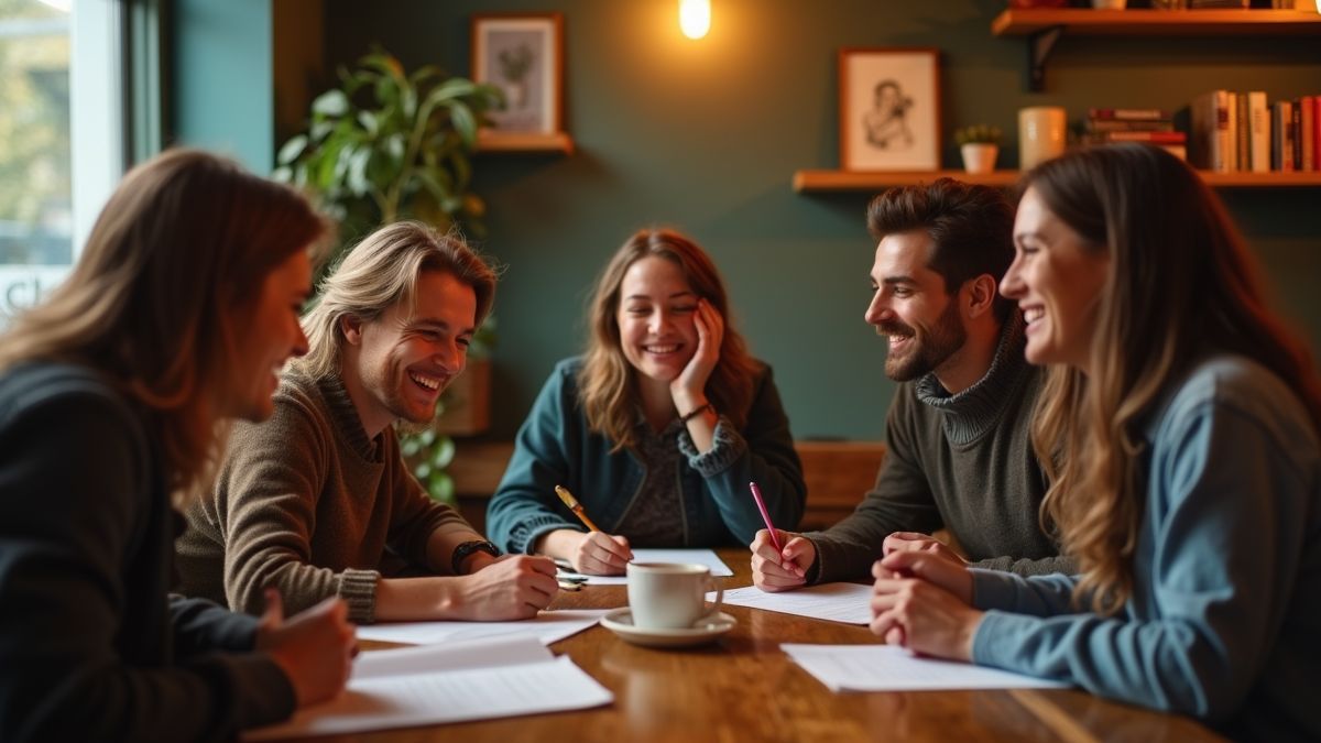 Groep vrienden schrijft slechte poëzie in een gezellig café.