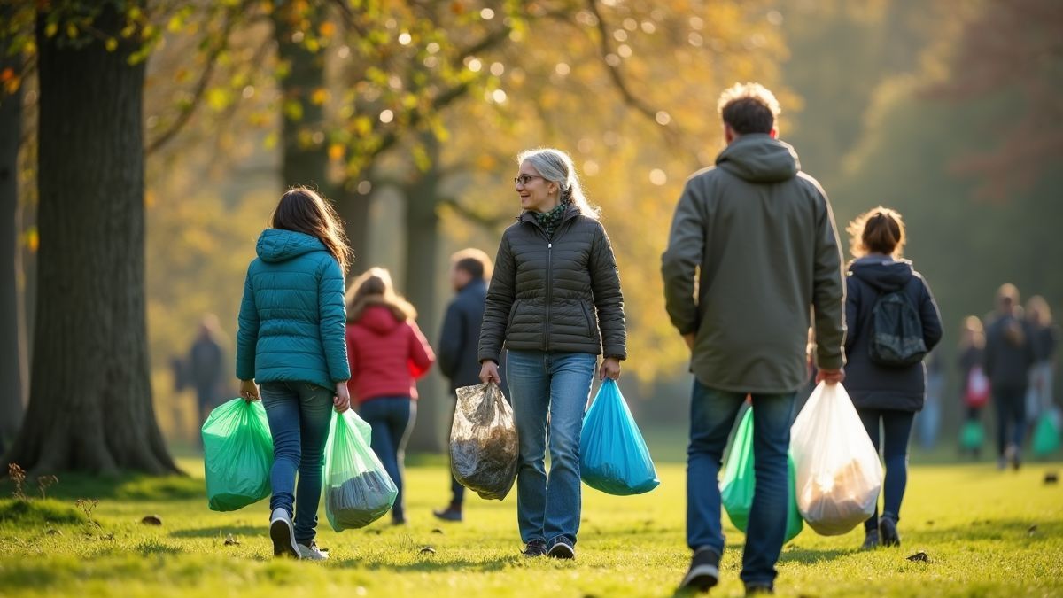 Groep vrijwilligers die afval opruimt in een park.