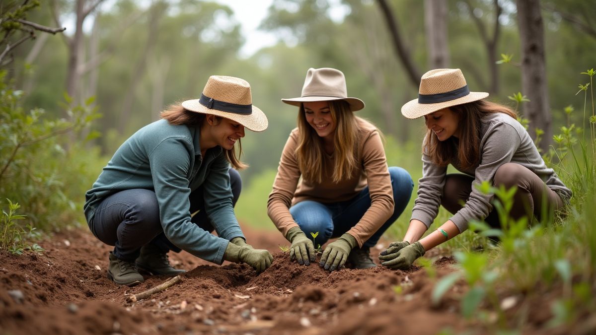 Groepen vrijwilligers die bomen planten in een Australs natuurgebied.
