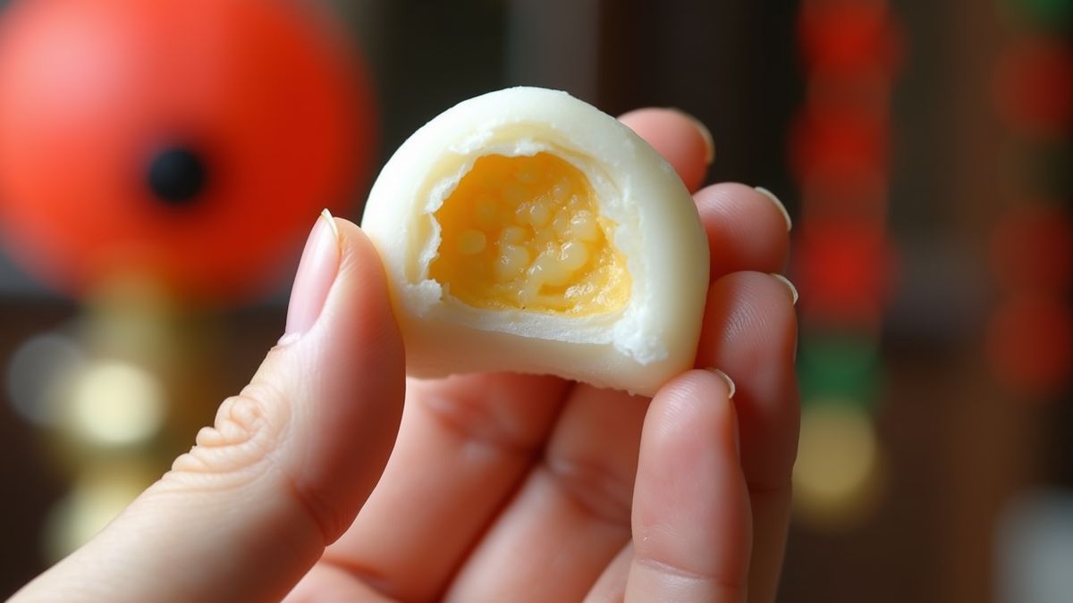 Hand die een stuk mochi vasthoudt