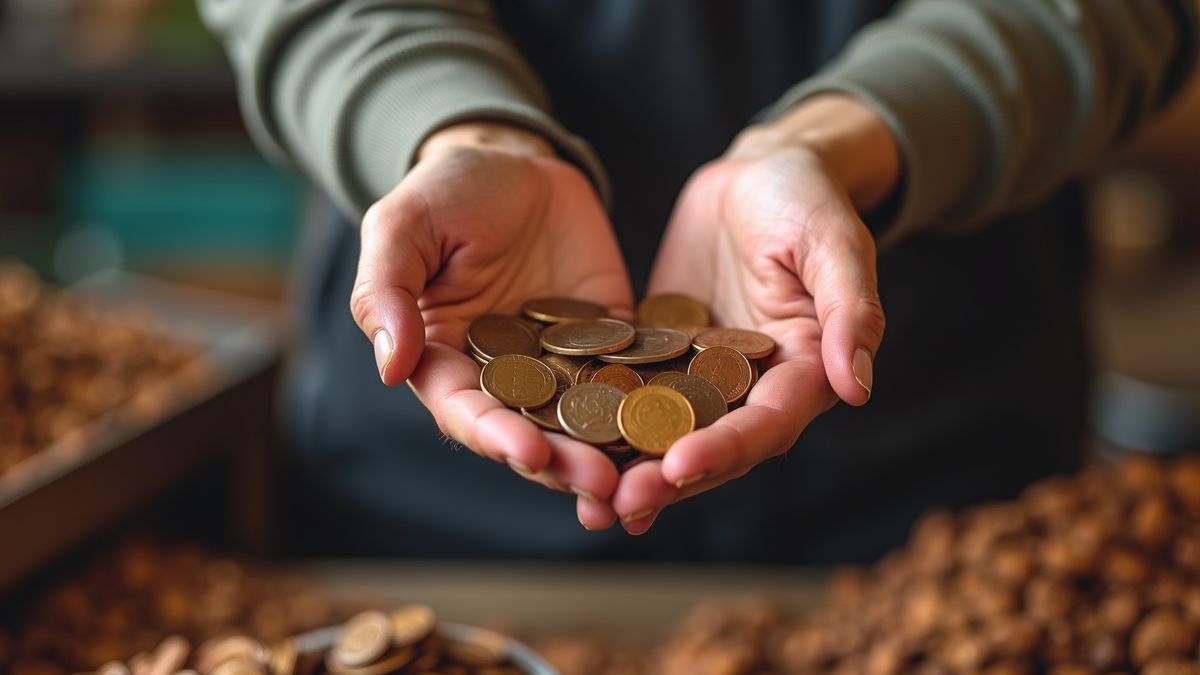 Handen wisselen één cent munten in een markt