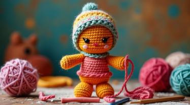 Handgemaakt amigurumi figuur met levendige kleuren en handwerktools zoals garen en naald.