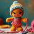 Handgemaakt amigurumi figuur met levendige kleuren en handwerktools zoals garen en naald.