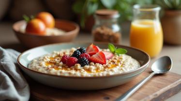 Een kom warme havermout met fruit en noten