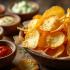 Heerlijk assortiment aardappelchips met verschillende dips op een rustieke tafel