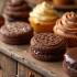Heerlijke chocoladewafels en desserts op een houten tafel