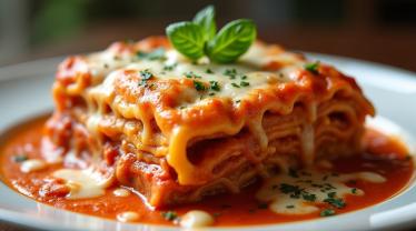 Heerlijke lasagna met gesmolten kaas en verse kruiden