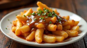 Heerlijke portie poutine met kaasstukjes en jus
