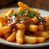 Heerlijke portie poutine met kaasstukjes en jus