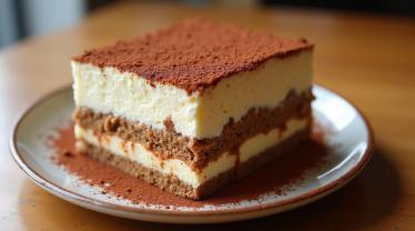Een prachtig geserveerde tiramisu in een café