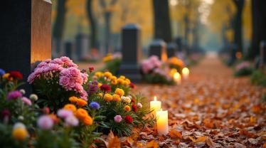 Een Belgisch kerkhof bij schemering, versierd met chrysanten.