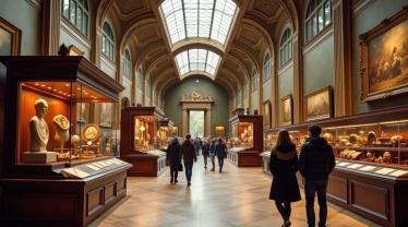 Het interieur van een museum met historische voorwerpen.