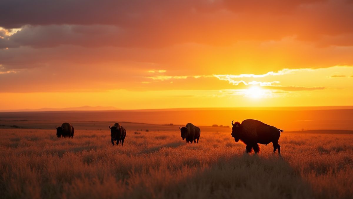 Het nationale park Theodore Roosevelt bij zonsondergang met bizons.
