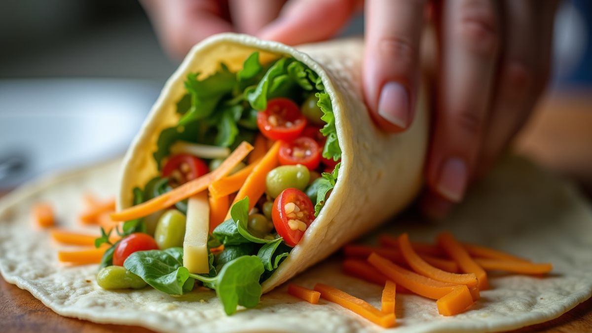 Het rollen van een burrito met verse ingrediënten