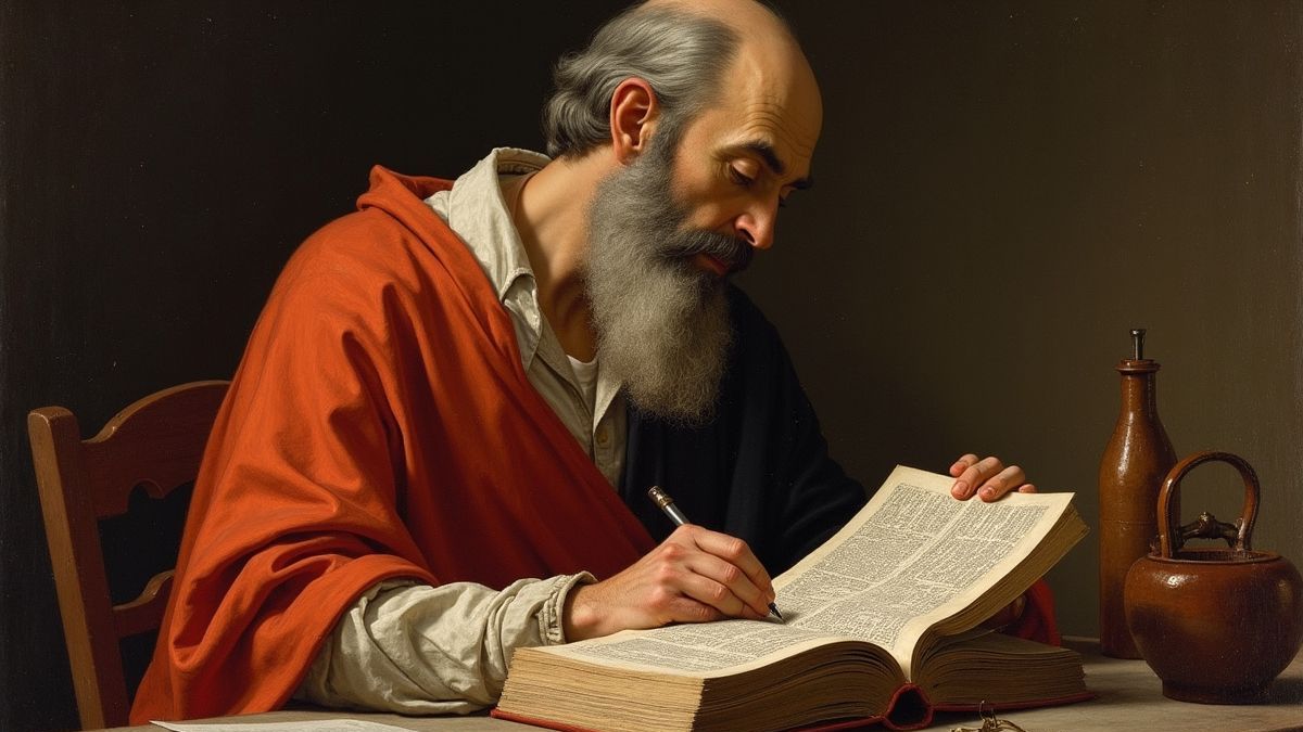 Historisch beeld van Sint-Jerome die aan zijn vertalingen werkt.