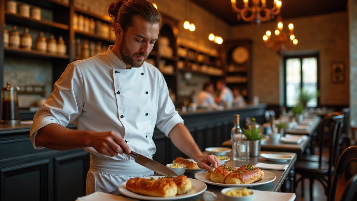 Historisch Frans café met chef-kok die Kip Cordon Bleu bereidt.