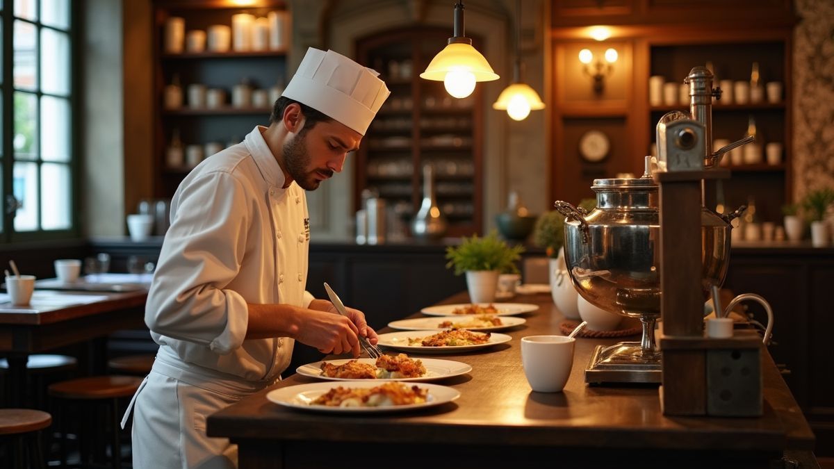 Historisch Frans café met chef-kok die Kip Cordon Bleu bereidt.
