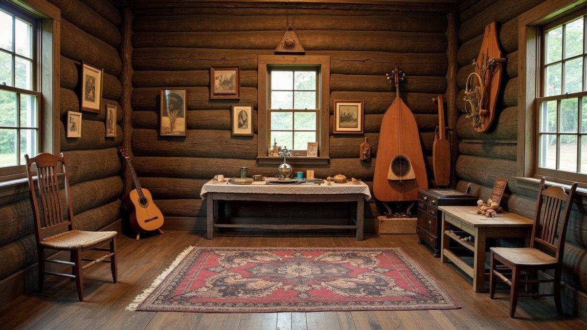 Historisch overzicht van de hillbilly cultuur met muziekinstrumenten.