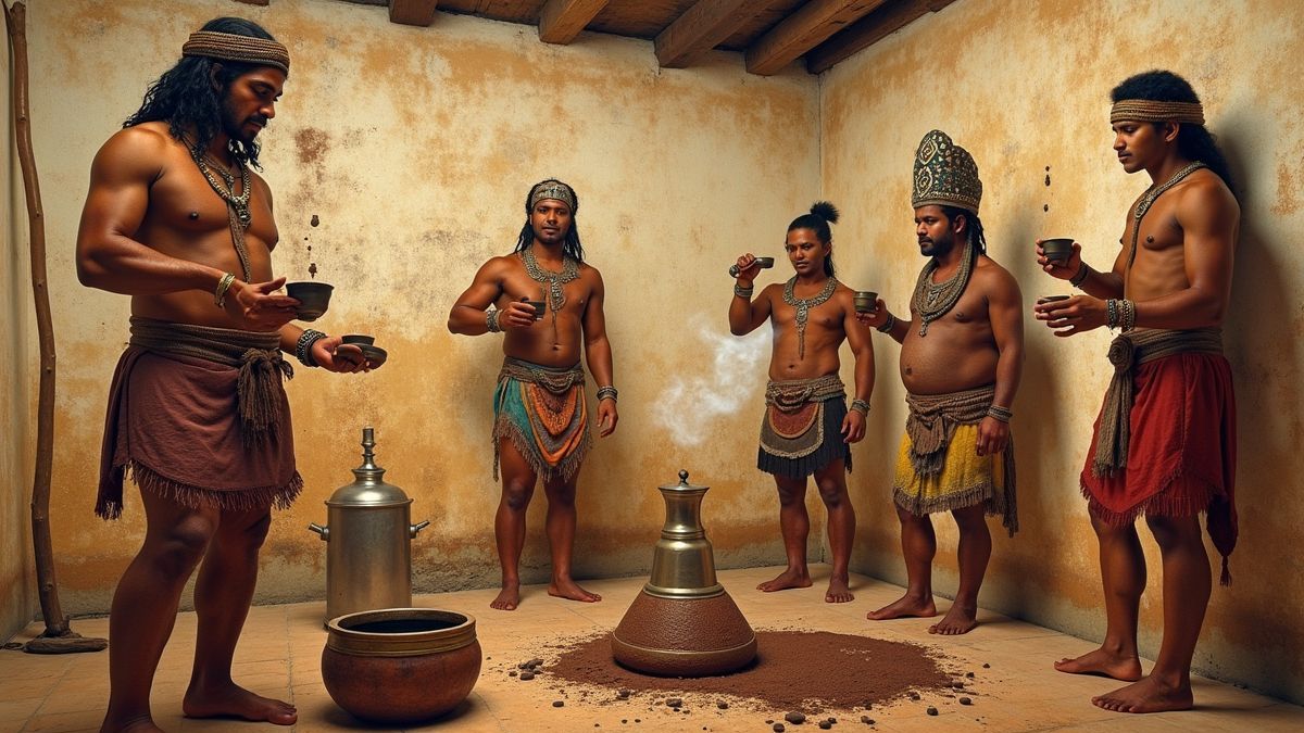 Historische afbeelding van Azteken die chocolade voorbereiden.
