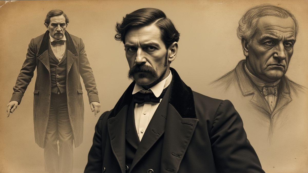Historische afbeelding van Bram Stoker met schetsen van Dracula