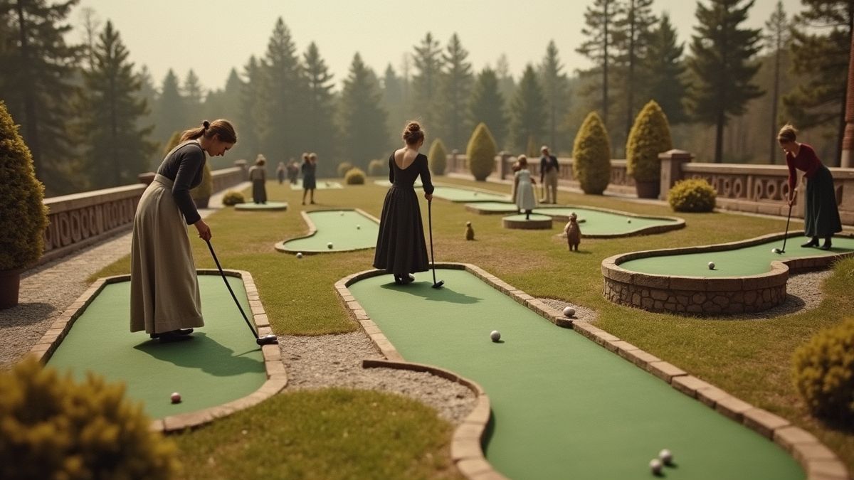 Historische afbeelding van dames die minigolf spelen tijdens de 19e eeuw