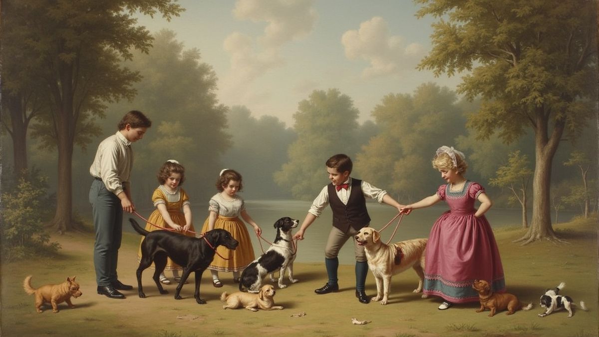 Historische afbeelding van families in het park met huisdieren