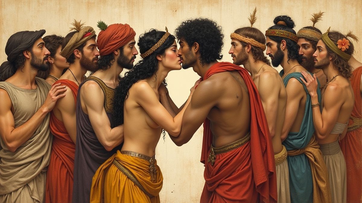 Historische afbeelding van mensen die kussen in verschillende culturen.