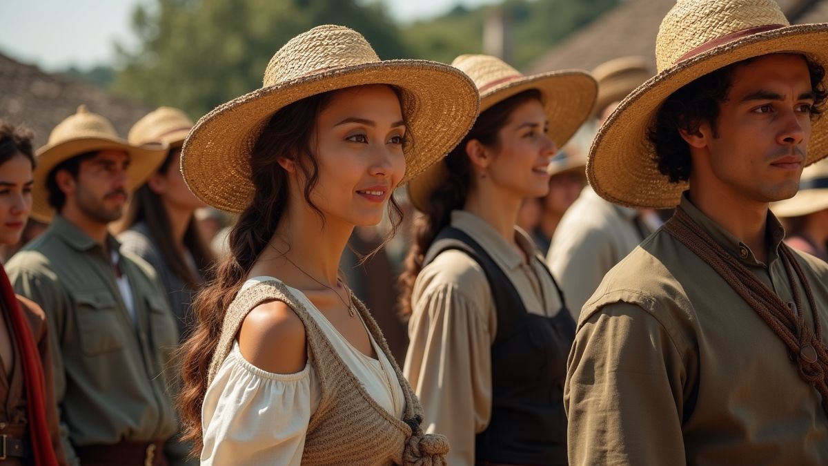 Historische afbeelding van mensen met strohoeden.