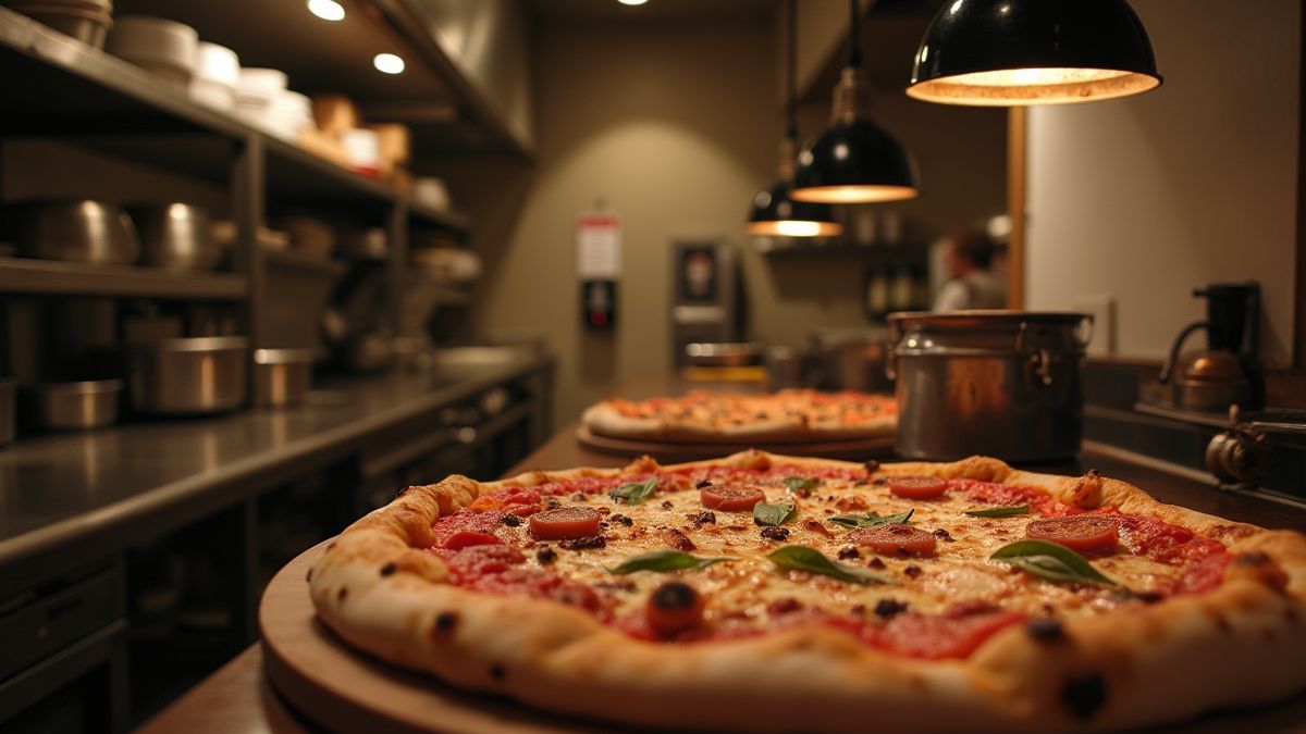 Historische afbeelding van pizza creatie in een restaurantkeuken