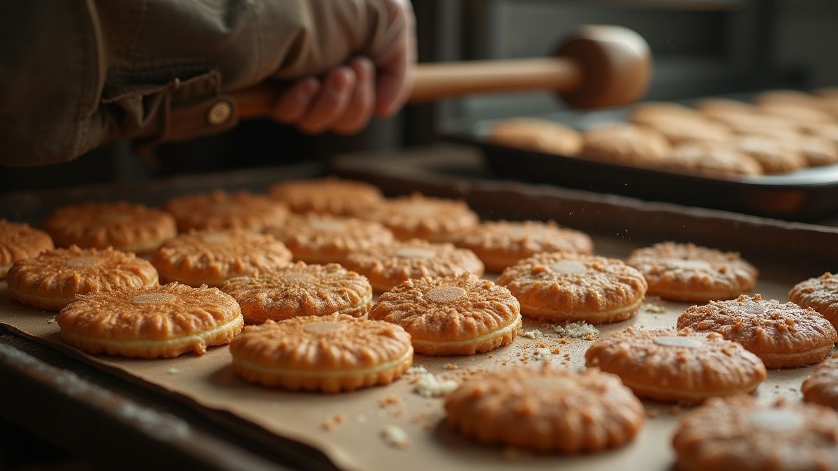 Historische afbeelding van stroopwafels die gemaakt worden in een traditionele Nederlandse bakkerij