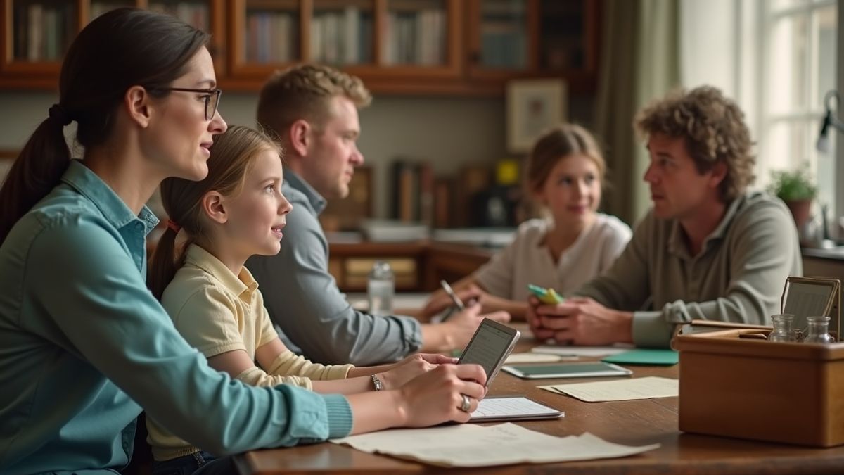 Historische blik op werkende ouders met kinderen.