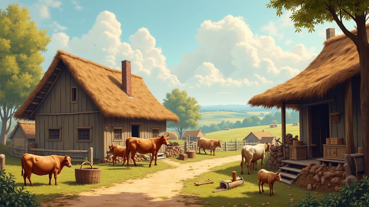 Historische boerderijsfeer met traditionele landbouwgereedschappen en dieren.