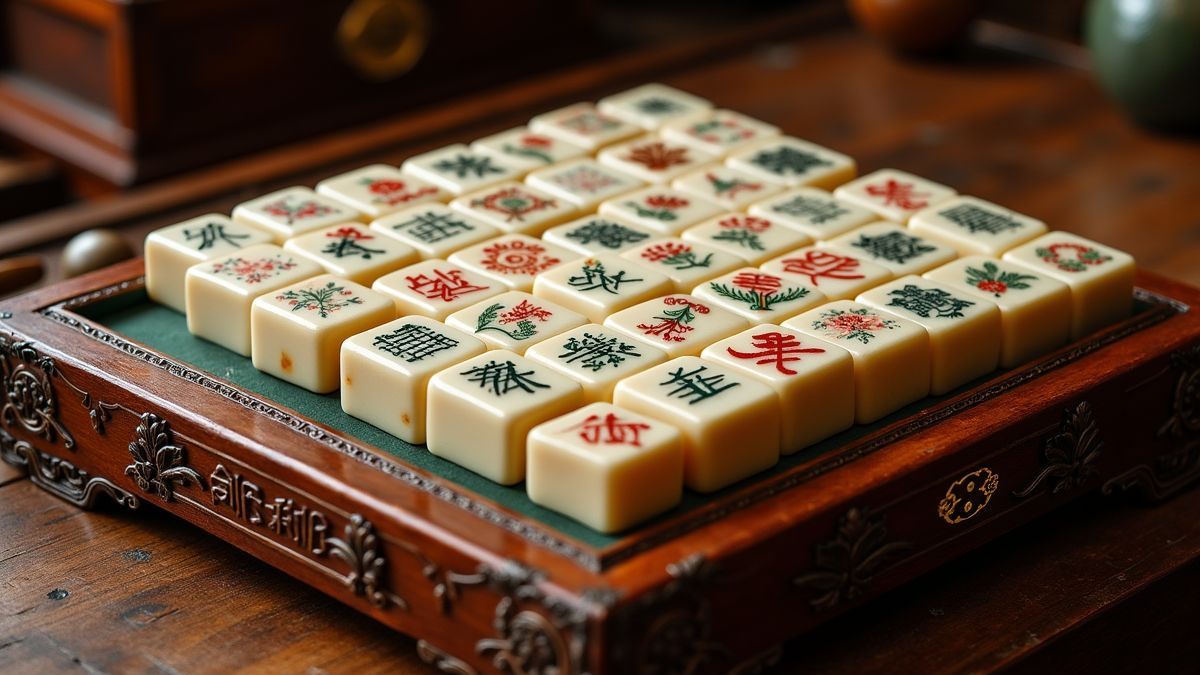 Historische Chinese mahjong set op een traditioneel houten tafel.