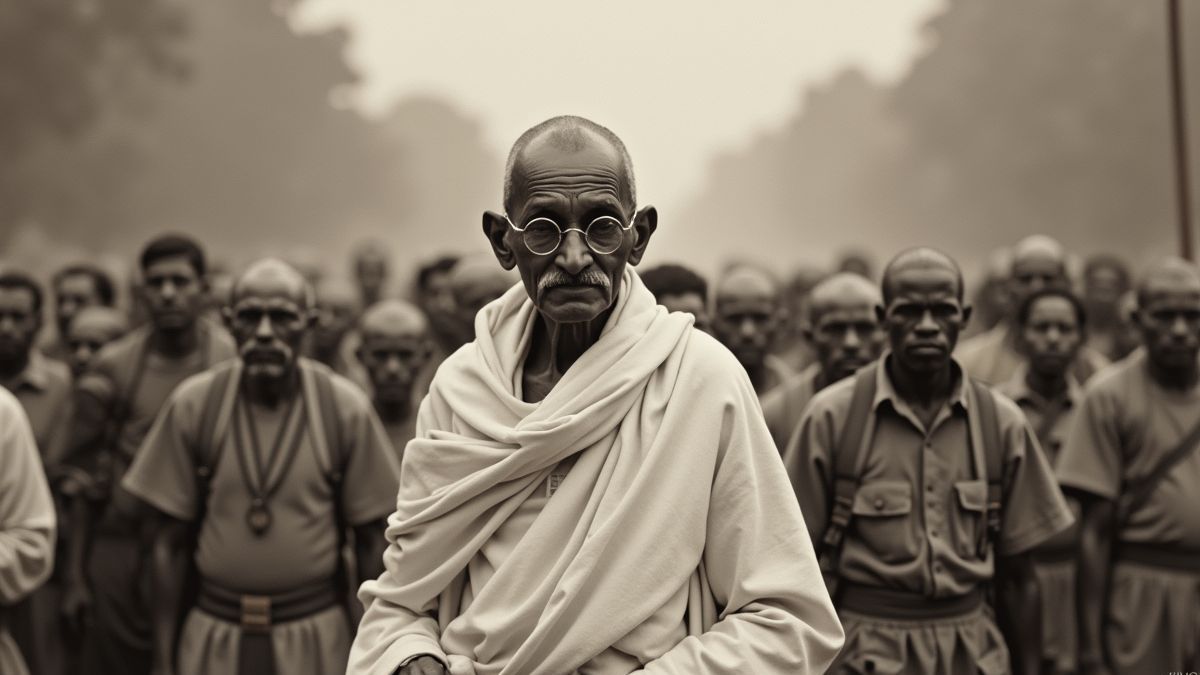 Historische foto van Mahatma Gandhi op een vreedzaam protest.