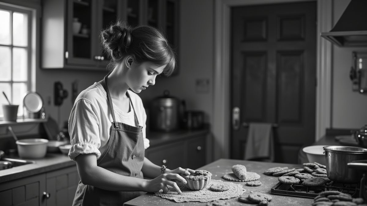 Historische foto van Ruth Wakefield in haar keuken met chocolate chip cookies