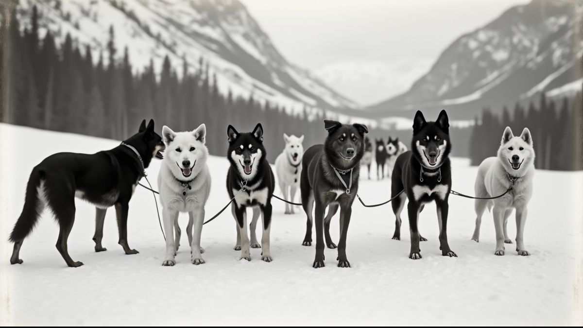 Historische foto van sledehonden in begin 20e eeuw Alaska