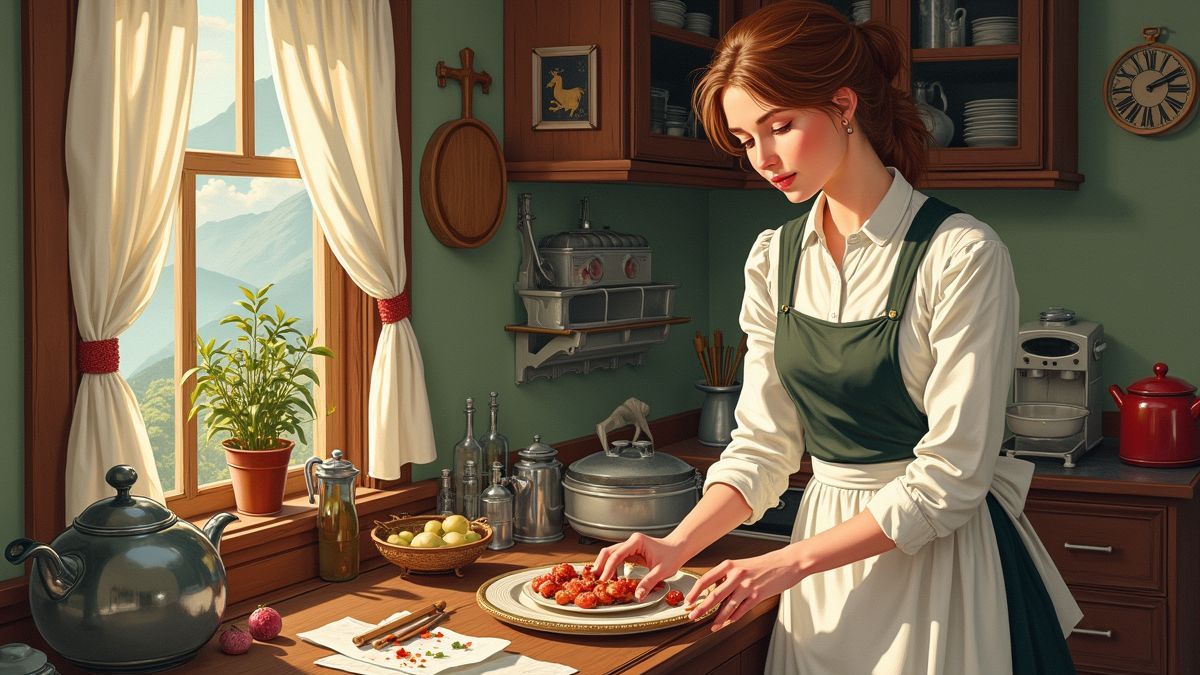 Historische huismama aan het werk in een mooi huis